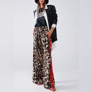 Leopard Print Wide Leg Palazzo Pants with Red Side Stripe | Elastic Waist